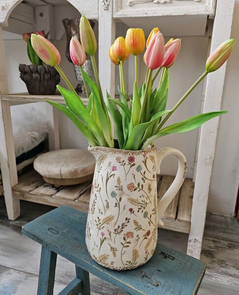 Béžový keramický dekoračný džbán s kvietkami Floral Cartoon - 21*14*23 cm - Clayre & Eef