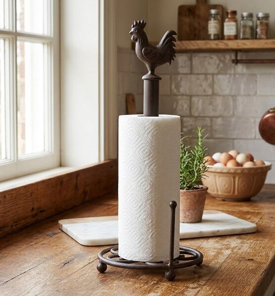 Hnedý antik držiak na kuchynské role s kohútom - Ø 18*43 cm - Clayre & Eef