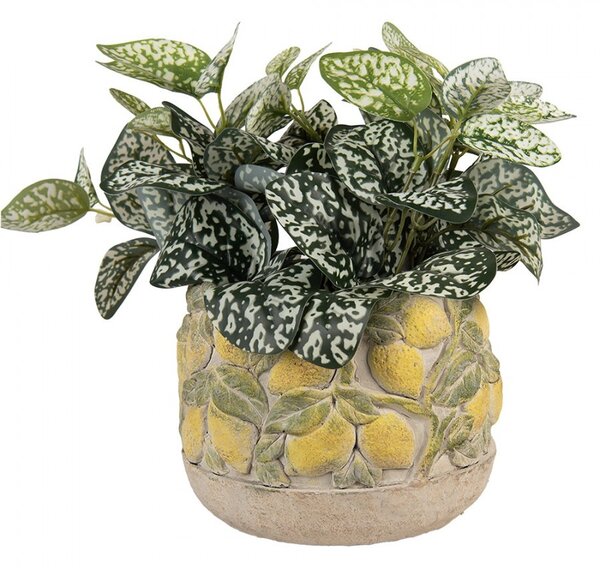 Béžový antik cementový kvetináč lemovaný citrónmi Lemoni - Ø 19*15cm - Clayre & Eef