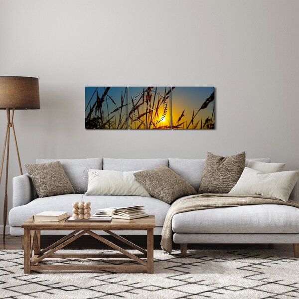 Obraz - Západ slnka v lúke (s hodinami) (90x30 cm)