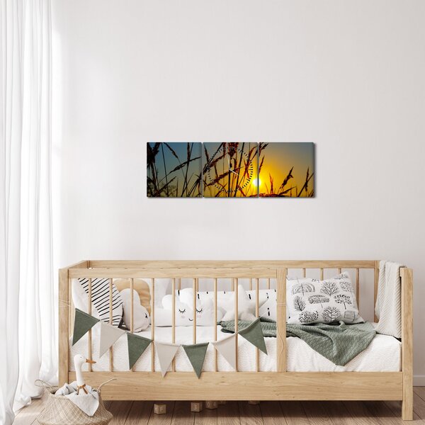 Obraz - Západ slnka v lúke (s hodinami) (90x30 cm)