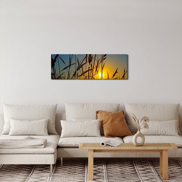 Obraz - Západ slnka v lúke (s hodinami) (90x30 cm)