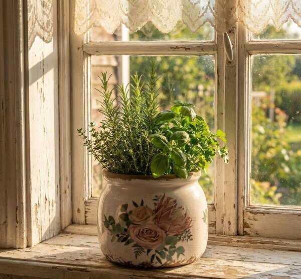 Béžový keramický kvetináč s kvetmi Protea Eucalypt S - Ø 12*10 cm - Clayre & Eef