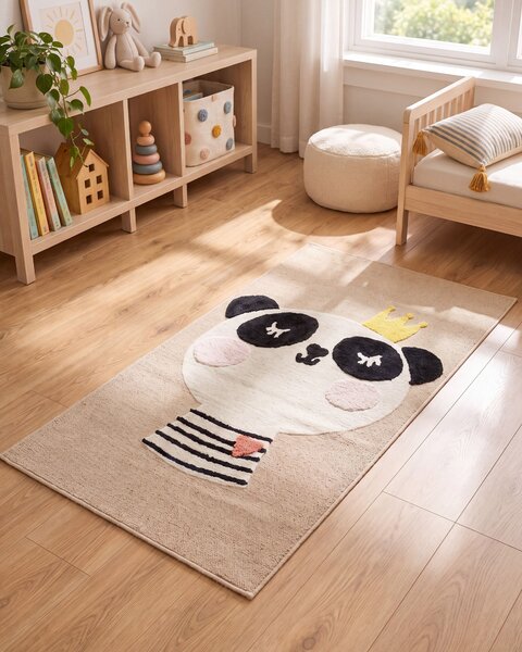 Detský koberec béžový 80 x 150 cm bavlna polyester nízky vlas so vzorom pandy behúň do detskej izby