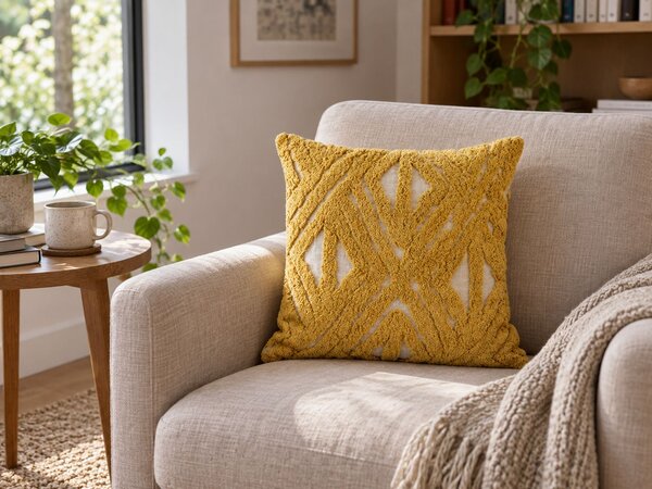Dekoratívny vankúš žltý bavlnený 45 x 45 cm s geometrickým vzorom vyšívaný snímateľný poťah s výplňou boho dizajn