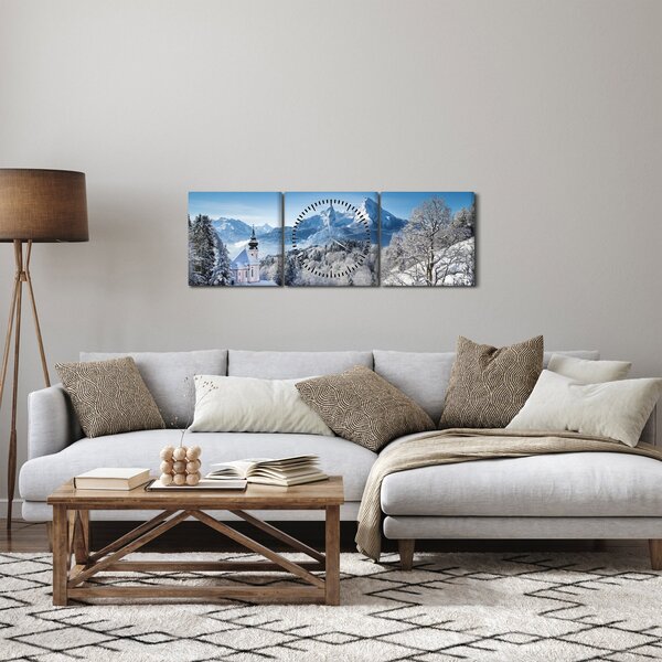 Obraz - Zasnežená krajina (s hodinami) (90x30 cm)
