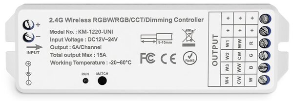 Univerzálny prijímač RF pre LED pásy, 12 V 180 W / 24 V 360 W (KM KM-1220-UNI, 12V-180W, 24V-360W)