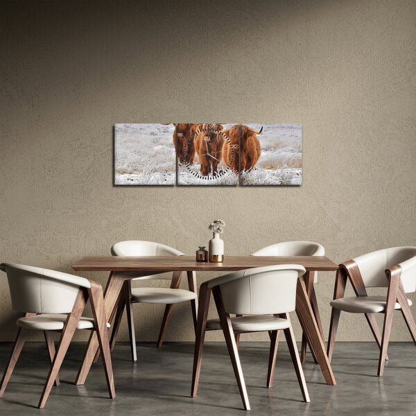Obraz - Škótske kravy (s hodinami) (90x30 cm)