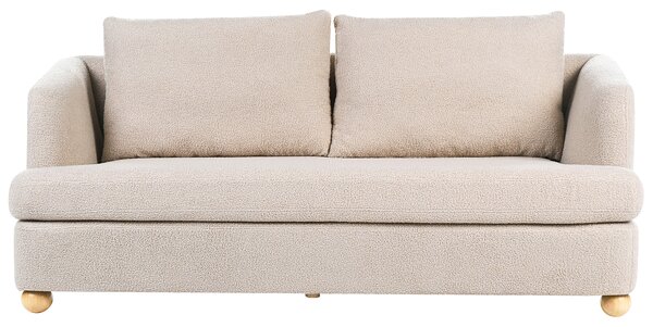 3-miestna pohovka béžová buklé čalúnenie guľaté drevené nohy bočné opierky obývacia izba moderný minimalistický štýl