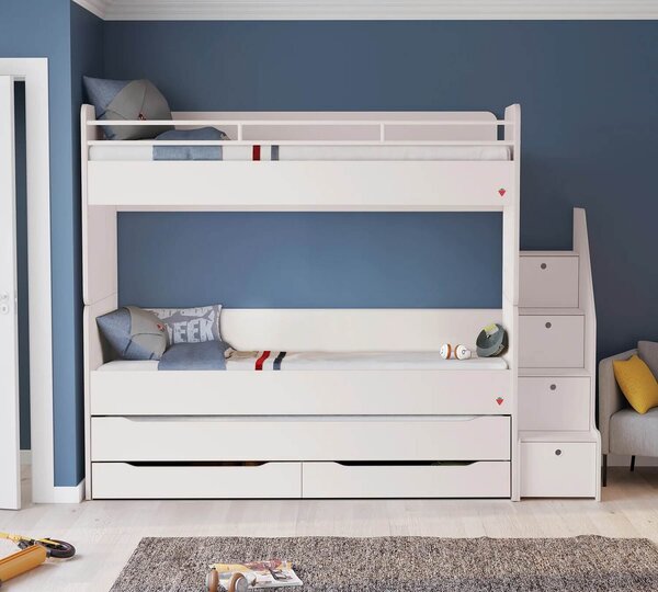 Cilek Poschodová posteľ White Studio pre 3 deti 90x200 cm s úložným priestorom (schody)