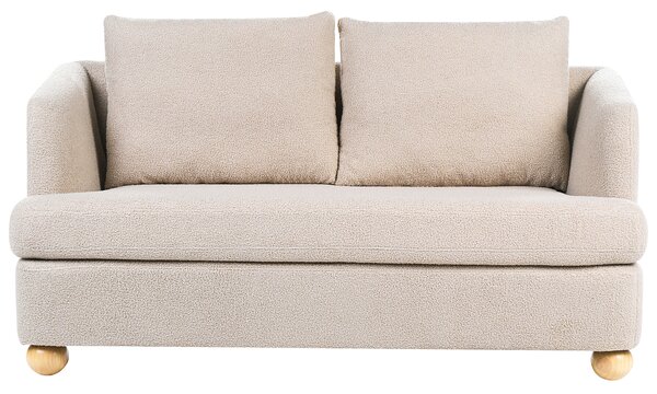2-miestna pohovka béžová buklé čalúnenie guľaté drevené nohy bočné opierky obývacia izba moderný minimalistický štýl