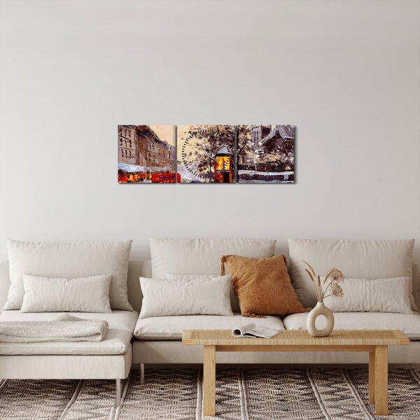 Obraz - Maľba zimného mesta (s hodinami) (90x30 cm)
