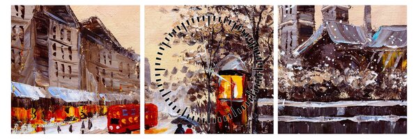 Obraz - Maľba zimného mesta (s hodinami) (90x30 cm)
