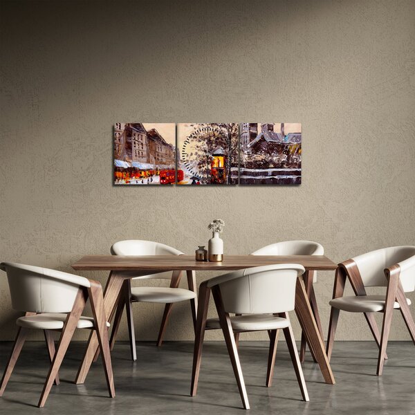 Obraz - Maľba zimného mesta (s hodinami) (90x30 cm)