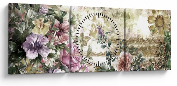 Obraz - Dizajnové kvety (s hodinami) (90x30 cm)