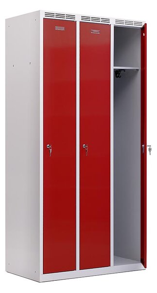 Kovová šatníková skriňa Trestles SS3M 1800 × 886 × 500 mm, 3 oddiely, červené dvere Typ zámku: cylindrický, Podnožka: sokl