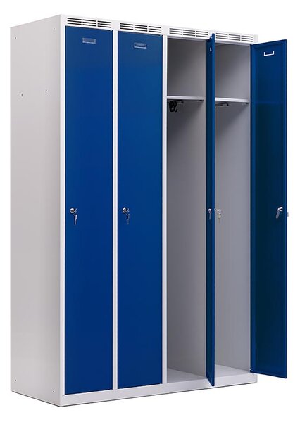 Kovová šatníková skriňa Trestles SS4M 1800 × 1173 × 500 mm, 4 oddiely, modré dvere Typ zámku: cylindrický, Podnožka: sokl
