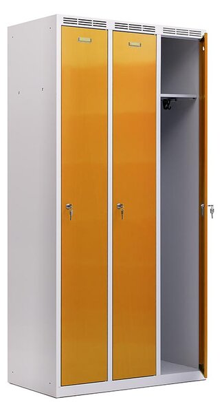 Kovová šatníková skriňa Trestles SS3M 1800 × 886 × 500 mm, 3 oddiely, žlté dvere Typ zámku: otočný, Podnožka: sokl
