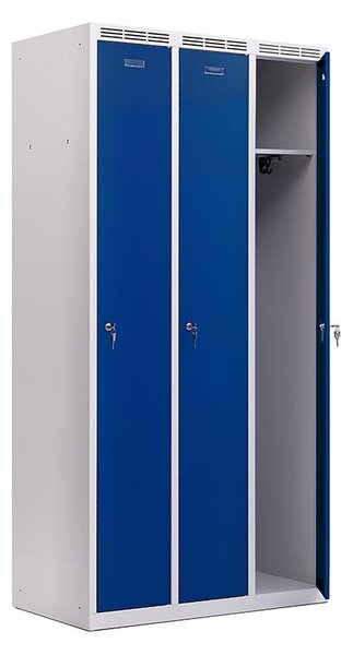 Kovová šatníková skriňa Trestles SS3M 1800 × 886 × 500 mm, 3 oddiely, modré dvere Typ zámku: cylindrický, Podnožka: sokl