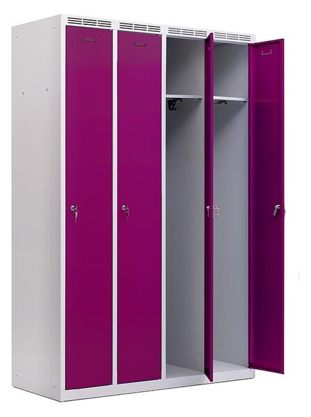 Kovová šatníková skriňa Trestles SS4M 1800 × 1173 × 500 mm, 4 oddiely, fialové dvere Typ zámku: cylindrický, Podnožka: sokl