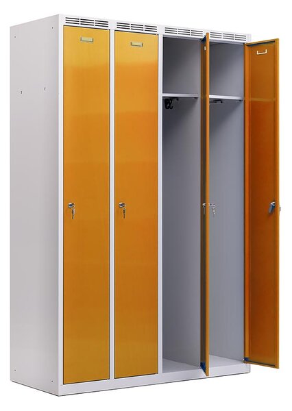 Kovová šatníková skriňa Trestles SS4M 1800 × 1173 × 500 mm, 4 oddiely, žlté dvere Typ zámku: otočný, Podnožka: sokl