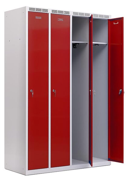 Kovová šatníková skriňa Trestles SS4M 1800 × 1173 × 500 mm, 4 oddiely, červené dvere Typ zámku: cylindrický, Podnožka: sokl