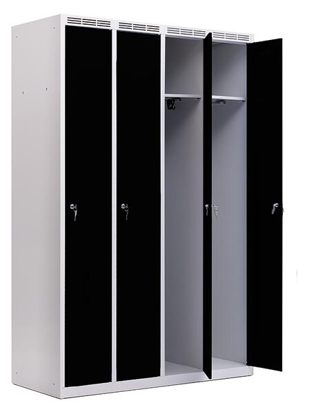 Kovová šatníková skriňa Trestles SS4M 1800 × 1173 × 500 mm, 4 oddiely, čierne dvere Typ zámku: cylindrický, Podnožka: sokl