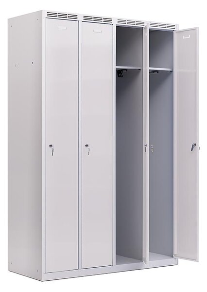 Kovová šatníková skriňa Trestles SS4M 1800 × 1173 × 500 mm, 4 oddiely, sivé dvere Typ zámku: cylindrický, Podnožka: sokl