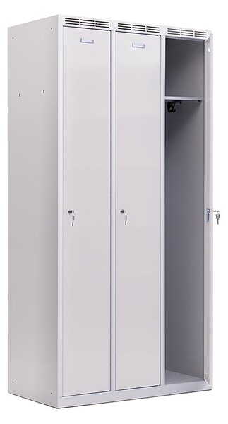Kovová šatníková skriňa Trestles SS3M 1800 × 886 × 500 mm, 3 oddiely, sivé dvere Typ zámku: cylindrický, Podnožka: sokl