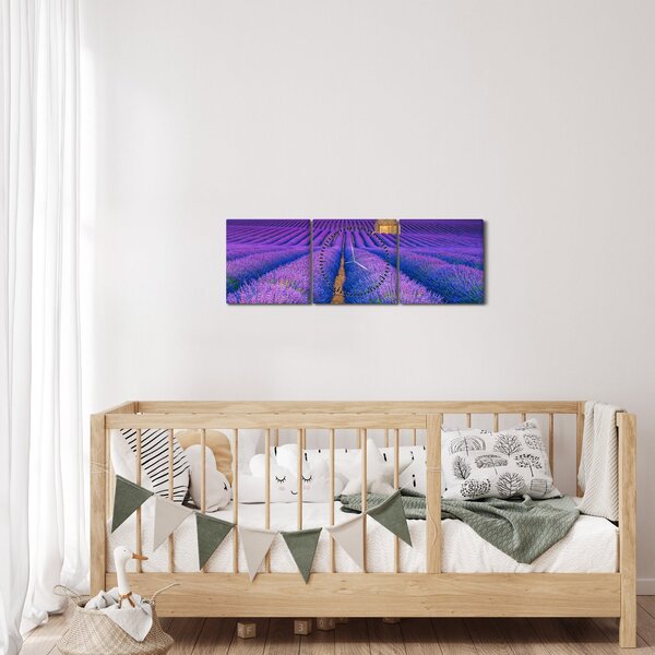 Obraz - Levanduľové pole (s hodinami) (90x30 cm)