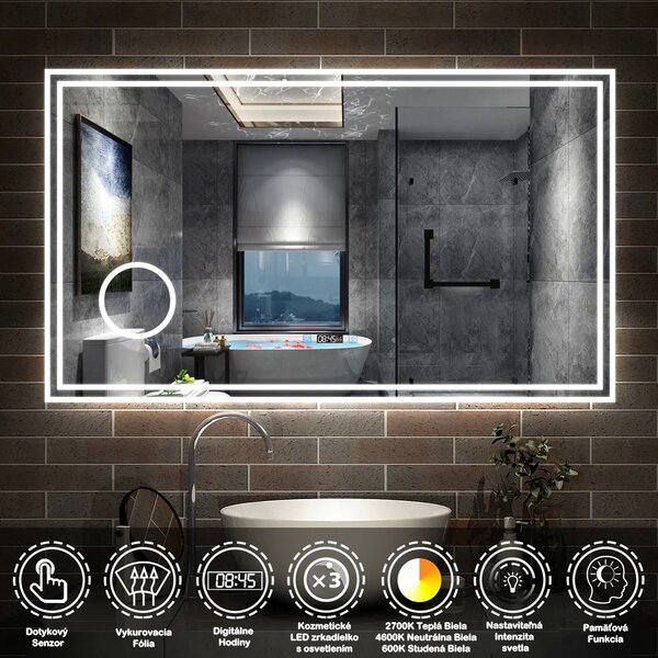 D‘Eluxe Kúpeľňové podsvietené LED zrkadlo 100x60cm MULTIFUNKČNÉ TM14L