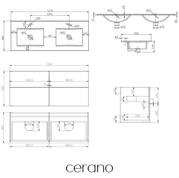 CERANO - Kúpeľňová skrinka Velora - dub medový, úchytka čierna + keramické umývadlo Todo - 121x55x46, 5 cm