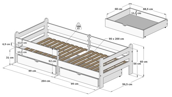 Raj posteli Detská posteľ Riko PW 200x90 cm 200x90 cm biela