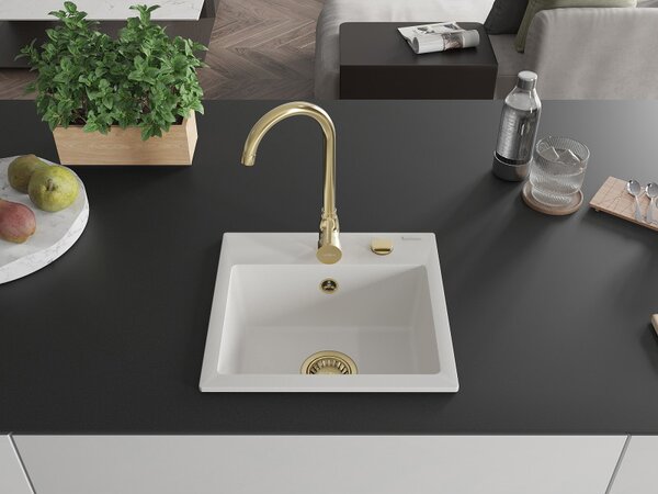 Mexen Milo, granitový drez 435x410x171 mm, 1-komorový, biela so zlatým sifónom, 6505441000-20-G
