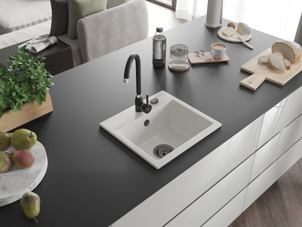 Mexen Milo, granitový drez 435x410x171 mm, 1-komorový, biela s čiernym sifónom, 6505441000-20-B