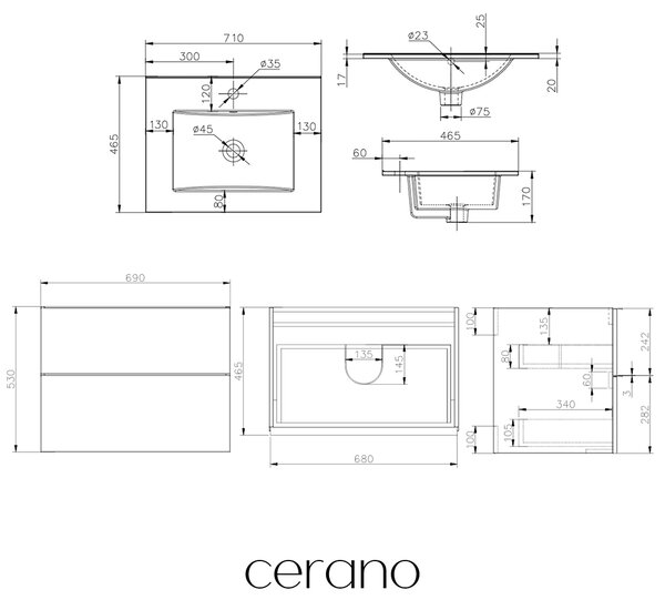 CERANO - Kúpeľňová skrinka Velora - dub medový, úchytka čierna + keramické umývadlo Todo - 71x55x46, 5 cm