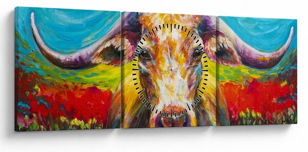 Obraz - Maľovaná krava (s hodinami) (90x30 cm)