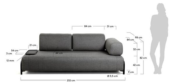 MUZZA Trojmiestna pohovka compo 232 cm s malou táckou tmavosivá