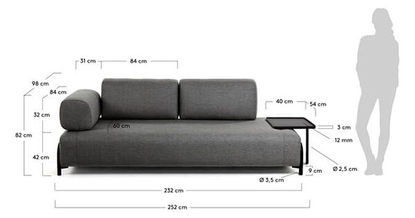 MUZZA Trojmiestna pohovka compo 252 cm s veľkou táckou tmavosivá