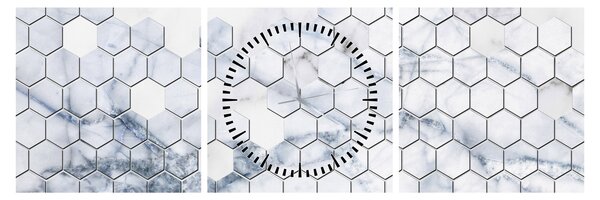 Obraz - Mramorované hexagóny (s hodinami) (90x30 cm)