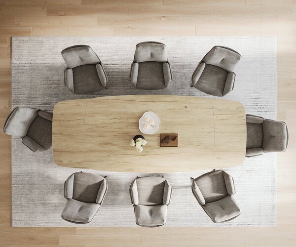 DELIFE Jedálenský stôl Edge zaoblený tvar 200-300×120 cm keramika Laminam® sabbia v dubovej farbe podstava v tvare W kov čierna rozkladací
