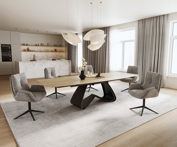 DELIFE Jedálenský stôl Edge zaoblený tvar 200-300×120 cm keramika Laminam® sabbia v dubovej farbe podstava v tvare W kov čierna rozkladací