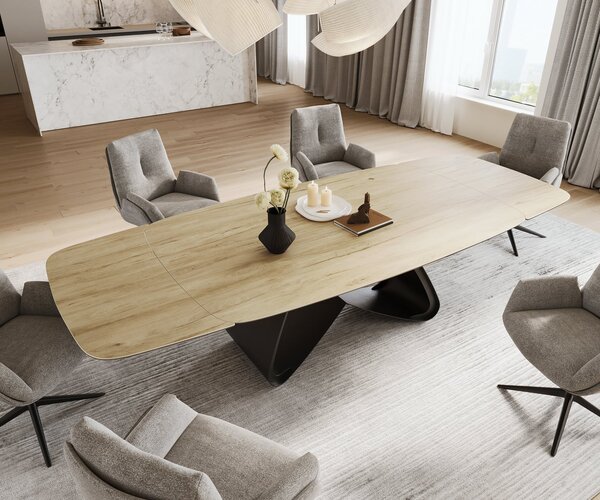DELIFE Jedálenský stôl Edge zaoblený tvar 200-300×120 cm keramika Laminam® sabbia v dubovej farbe podstava v tvare W kov čierna rozkladací