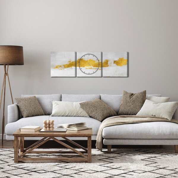 Obraz - Zlaté a šedé ťahy (s hodinami) (90x30 cm)