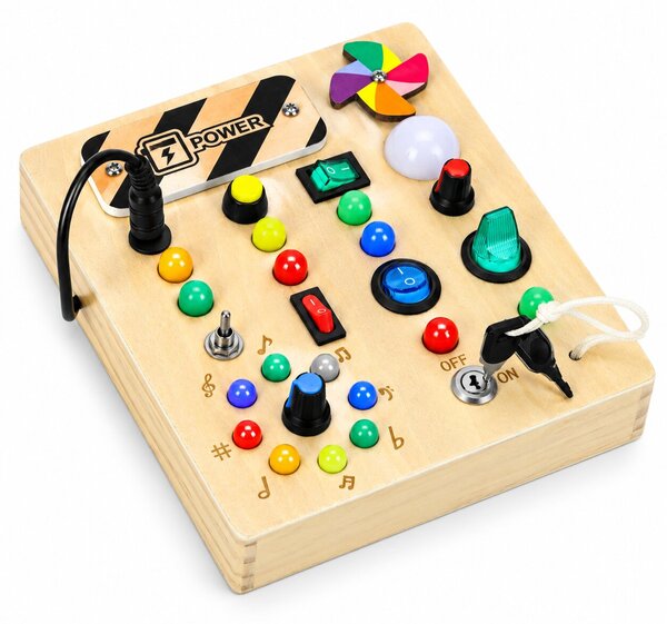 ECOTOYS Dřevěná interaktivní manipulační tabule s LED světly od 3 let