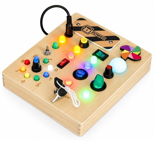 ECOTOYS Dřevěná interaktivní manipulační tabule s LED světly od 3 let