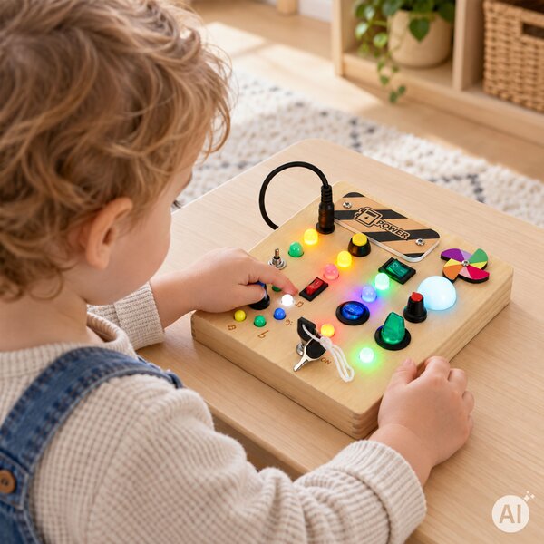 ECOTOYS Dřevěná interaktivní manipulační tabule s LED světly od 3 let