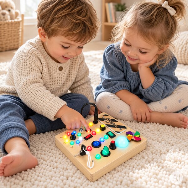 ECOTOYS Dřevěná interaktivní manipulační tabule s LED světly od 3 let