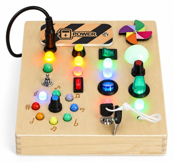 ECOTOYS Dřevěná interaktivní manipulační tabule s LED světly od 3 let