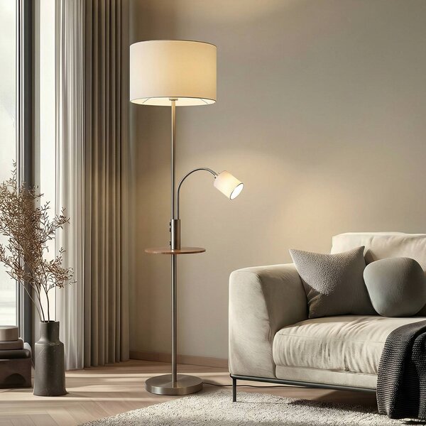 Lindby stojaca lampa Aovan, niklová farba, odkladací priestor, USB port, Hliník / sivá / zinok, Obývacia izba / jedáleň, kov, Moderný, Stojaca lampa